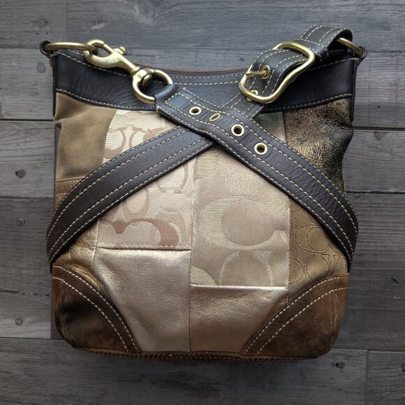 Coach, Y2K Patchwork Leather & Canvas Crossbody Bag, Brown & Gold - Picture 1 of 14